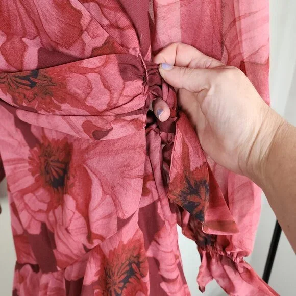 NEW Hutch Kya Long-Sleeve V-Neck Printed Tiered Wrap Maxi Dress Red Small